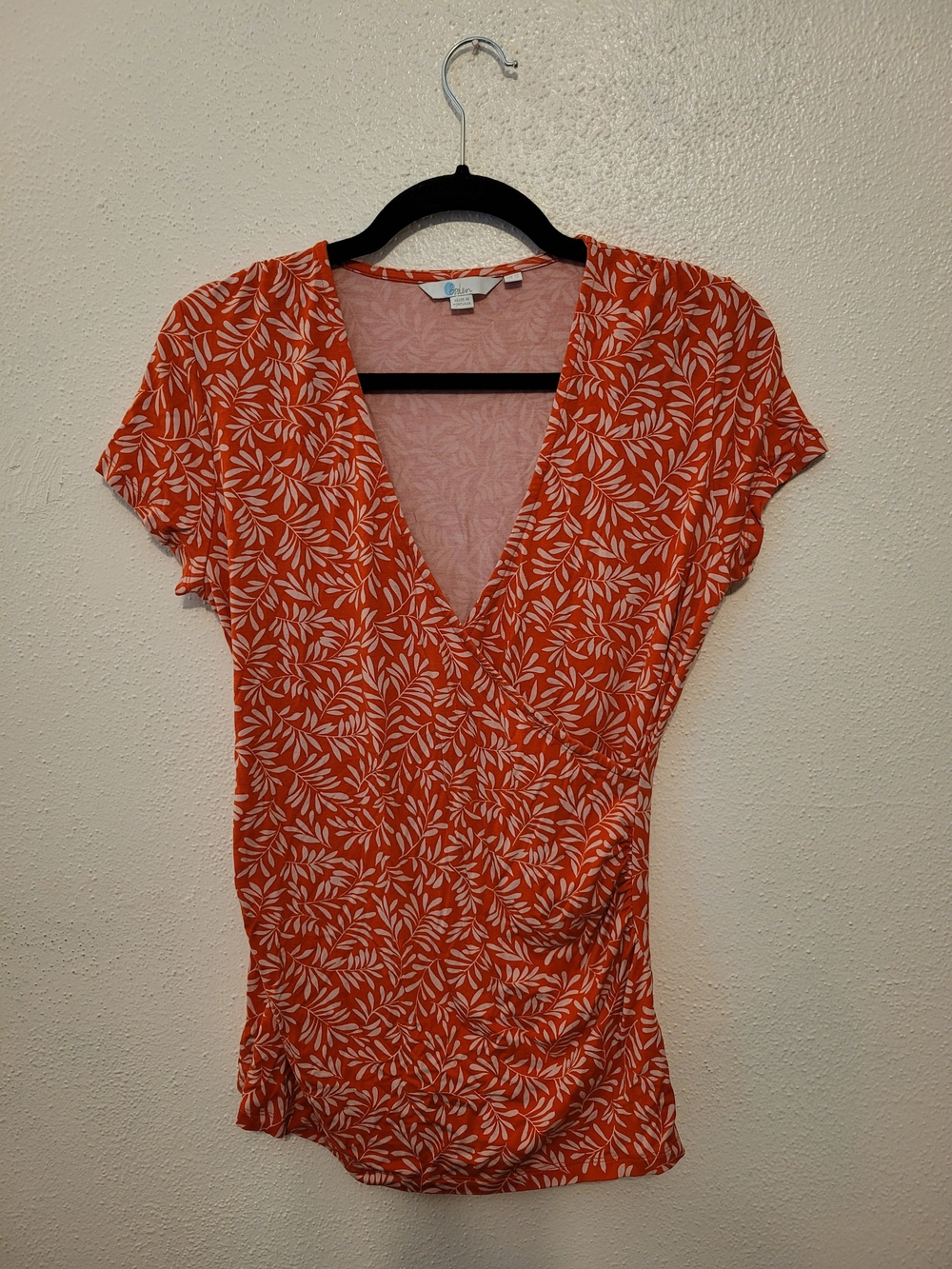 Boden J0196 Orange Leaf Jersey Faux Wrap Top Women’s US 10 V Neck